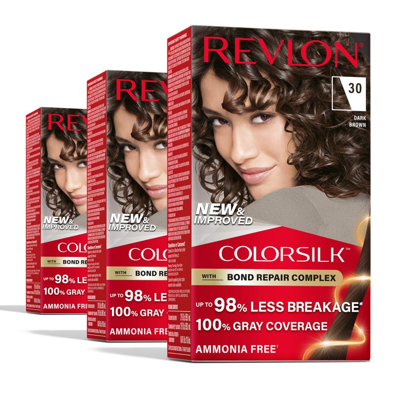 Revlon ColorSilk with Bond Repair Complex Brown Permanent Hair Color 100 Gray Coverage Ammonia Free Hair Dye Vegan Keratin 30 Dark Brown Pack of 3